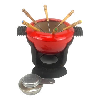 Vintage Red Fondue Set in Enameled Cast Iron Cousances by Le Creuset, 1980s For Sale