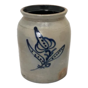 Late 19th Century Antique American Blue Hand Decorated Stoneware 9 3/4 Inch Tall Storage Jar - Crock