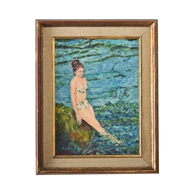 Blue French Vintage Framed Portrait of a Lady Swimming For Sale - Image 8 of 8