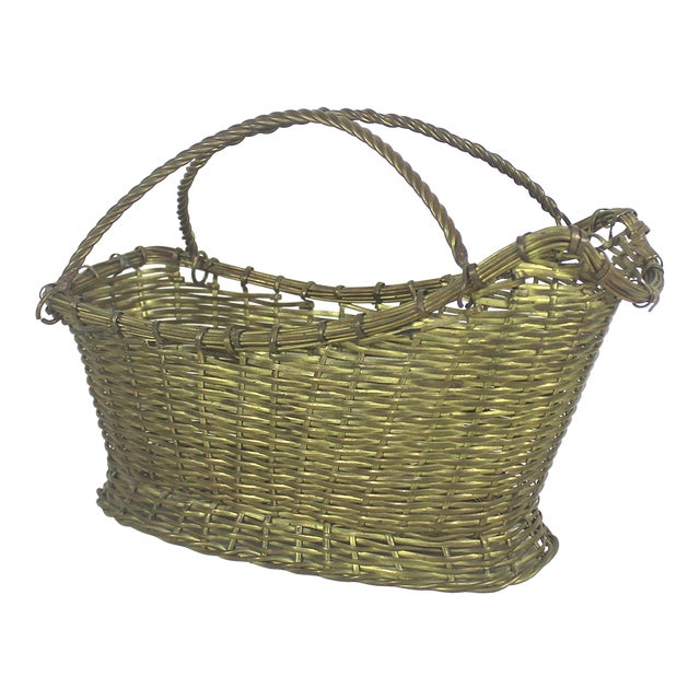 Vintage Brass Wine Bottle Holder Carrying Basket For Sale