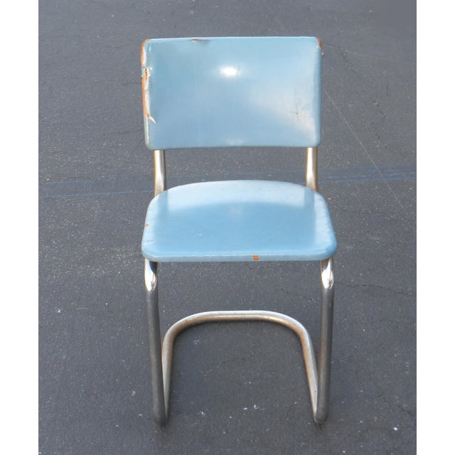 Vintage Retro Tubular Chrome Chair With Turquoise Blue Vinyl Upholstery