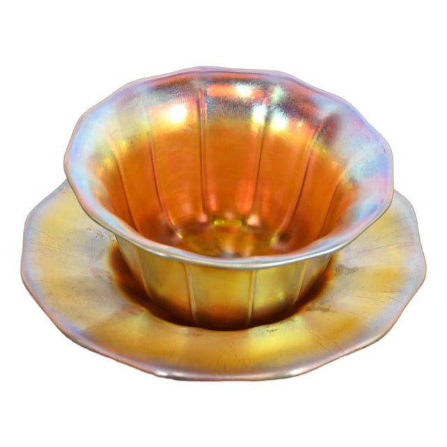 Steuben Aurene Iridescent Art Glass Finger Bowl With Underplate For Sale