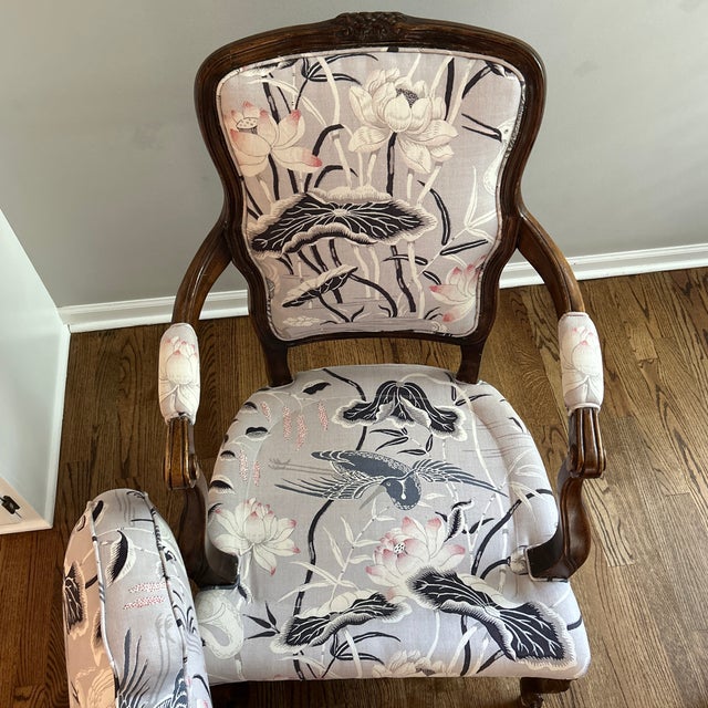 Chinoiserie Schumacher Lotus Garden Upholstered Bergere Chair For Sale - Image 3 of 8