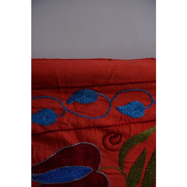 Red & Blue Uzbek Suzani Wall Hanging – Pomegranate Tree and Bird Embroidered Textile 3'4'' X 6'1'' For Sale - Image 9 of 12