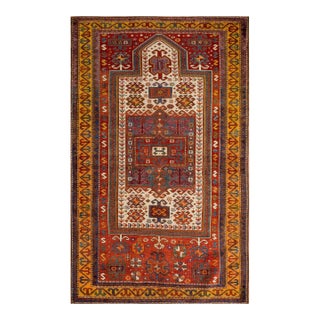1890s Ivory Red Geometric Antique Caucasian Kazak Fachralo Prayer Rug 3'9" X 6' Handknotted Wool Carpet For Sale