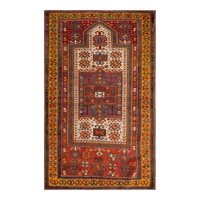 1890s Ivory Red Geometric Antique Caucasian Kazak Fachralo Prayer Rug 3'9" X 6' Handknotted Wool Carpet For Sale