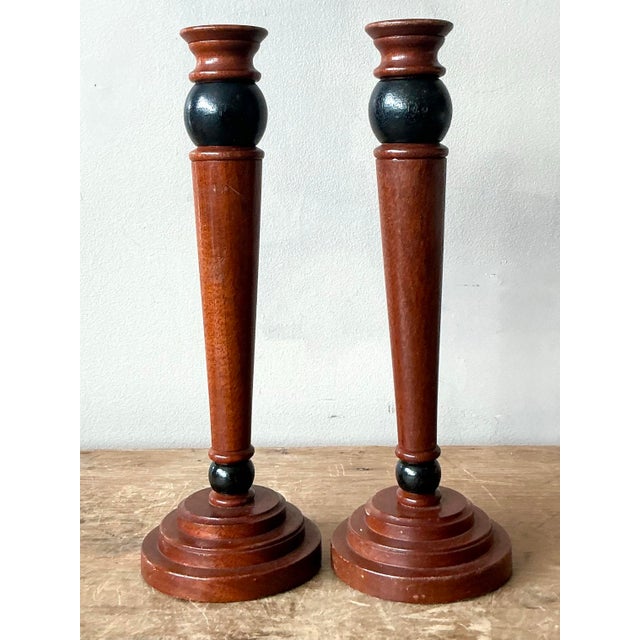 Wood Vintage Regency Carved Pillar Candlesticks - A Pair For Sale - Image 7 of 9