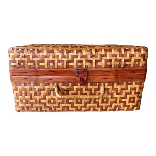 Mid 20th-Century Rattan & Bamboo “Suitcase”-Style Storage Basket - Hand Carved Latch & Hinges For Sale