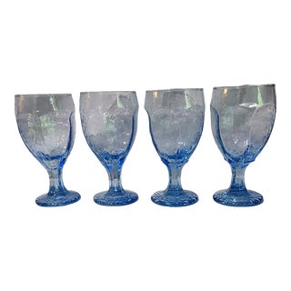 Late 20th Century Coastal Wave Ocean Blue Libbey Glasses Water Wine Goblets- Set of 4 For Sale