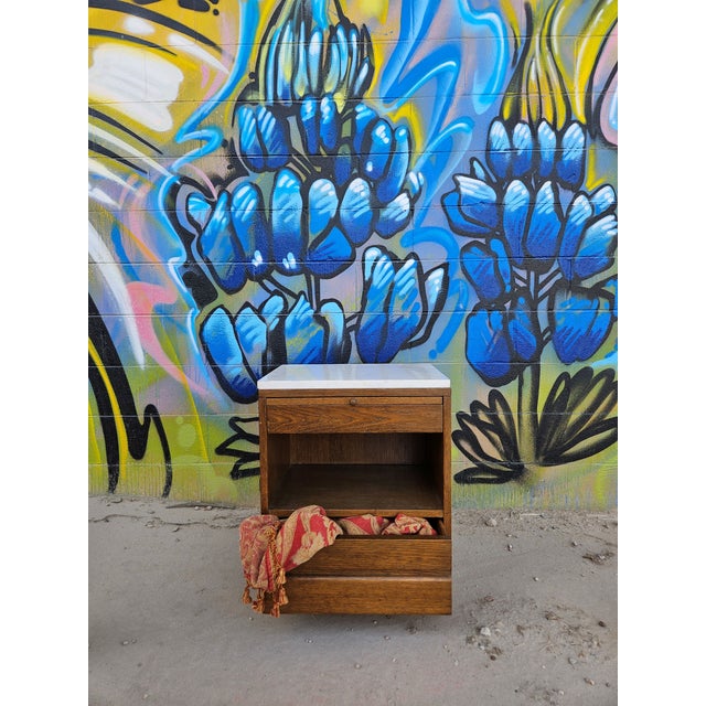 Brown Vintage Mid-Century Oak Nightstand With Marble Top For Sale - Image 8 of 8