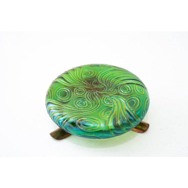 Metal Antique Art Nouveau Bohemian Czech Kralik Green Iridescent Glass Ashtray, 1908 For Sale - Image 7 of 9