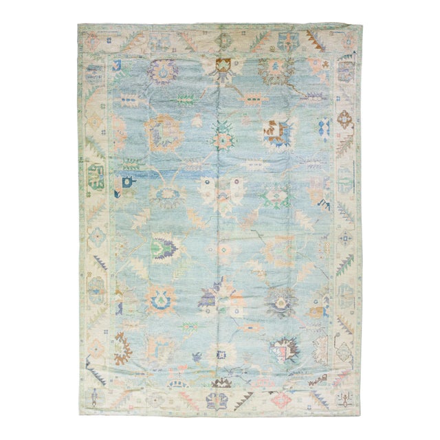 Modern Turkish Oushak Blue Handmade Floral Oversize Wool Rug For Sale