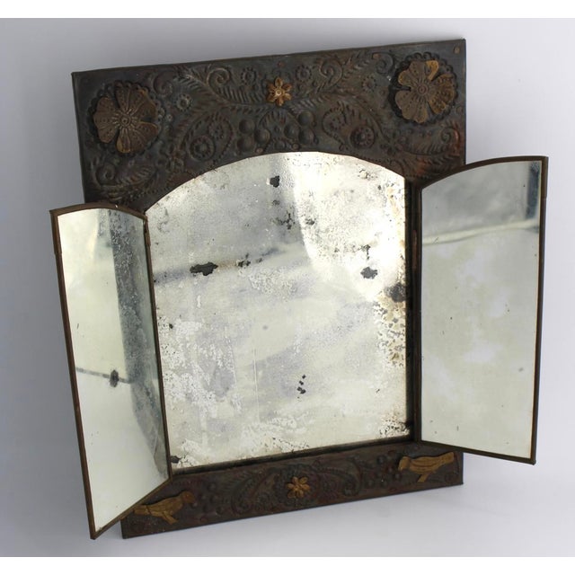 Mexican Vintage Mexican Folk Art Punched Tin “Hojalata” Mirror W/ Brass Accents For Sale - Image 3 of 12