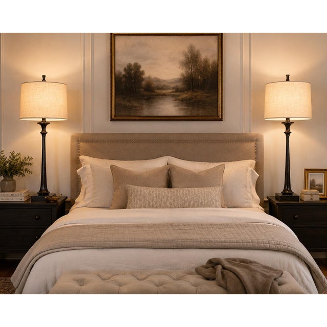 Industrial Late 20th Century Restoration Hardware Architectural Candlestick Table Lamps With Belgian Linen Drum Shades - a Pair For Sale - Image 3 of 4