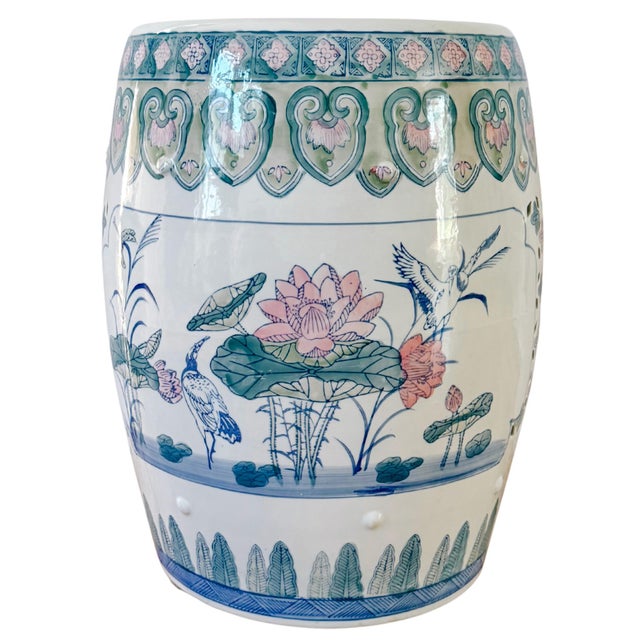 Chinoiserie Mid 20th Century Chinese Ceramic Pink Lotus Garden Stool For Sale - Image 3 of 7