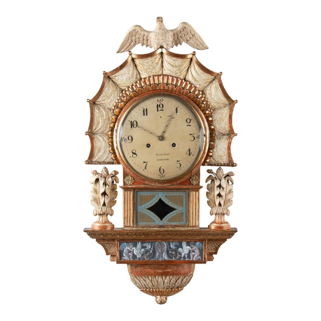 Early 19th Century Swedish Gustavian Cartel Giltwood Wall Clock With Eagle and Angels by Cederlund For Sale