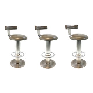 Mid-Century Modern Vintage Chrome and Gray Vinyl Swivel Bar Stools Set of Three For Sale