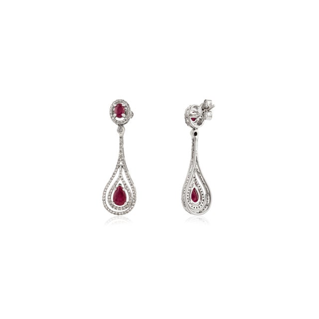 Art Deco Style 2.06Ct Ruby & Diamond Teardrop Dangle Earrings in 18k White Gold- 2 Pieces For Sale In New York - Image 6 of 12