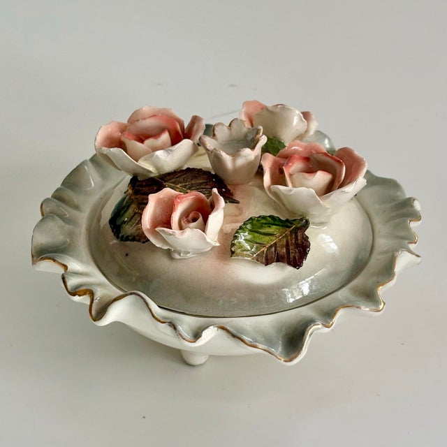 Ceramic Vintage Capodimonte-Style Italian Porcelain Lidded Bowl With Pink Roses, Ruffled Edge & Feet For Sale - Image 7 of 11