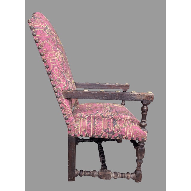 Unusual Early 19th Century Jacobean Gothic Open Arm Chair Recently Reupholstered For Sale - Image 13 of 16