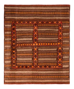 Vintage Kilim Striped Beige-Brown Orange Embroidery Angora Wool Flat Weave