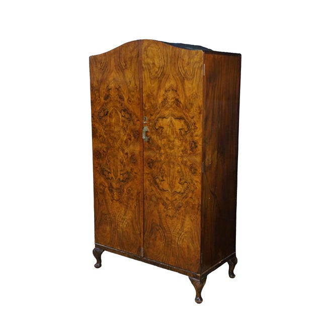 Art Deco Antique English Art Deco Queen Anne Style Burr Walnut Armoire Wardrobe Closet For Sale - Image 3 of 18