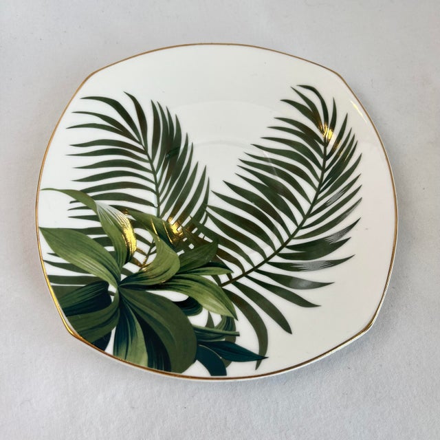 Longfei China Porcelain Square Tea Set of 12 Saucers Tea Cups Palm Fronds Modern, 1990s For Sale - Image 4 of 7