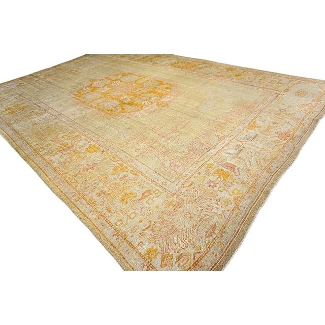 Turkish 1890s Ivory Large Open Field Antique Turkish Decorative Medallion Oushak Rug For Sale - Image 3 of 10
