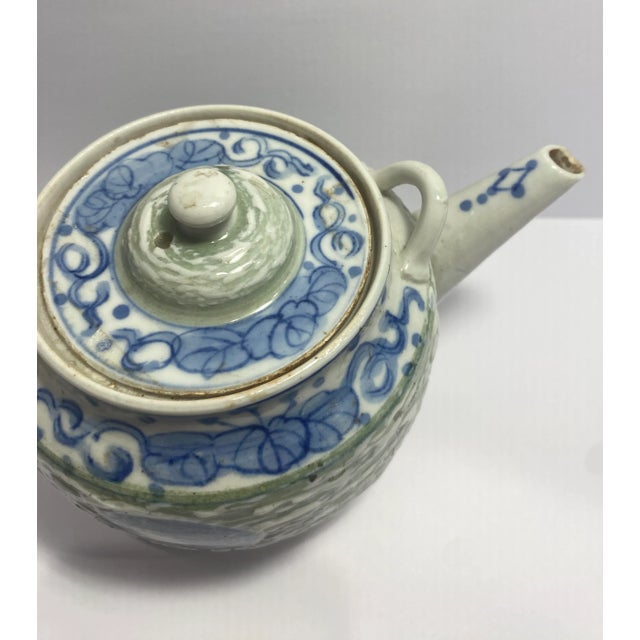 Antique blue, white and green Japanese teapot with lid. Unmarked.