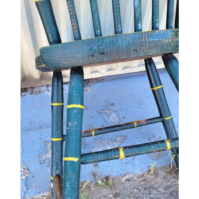 Wood 19Thc Origin. Green Paint & Mustard Stripe Thumb Back Windsor Chairs Set of Five For Sale - Image 7 of 8
