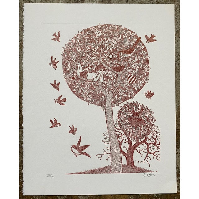 1970s etching of a child in a tree watching birds and nature. Pencil signed and numbered from a Roman numeral edition of...
