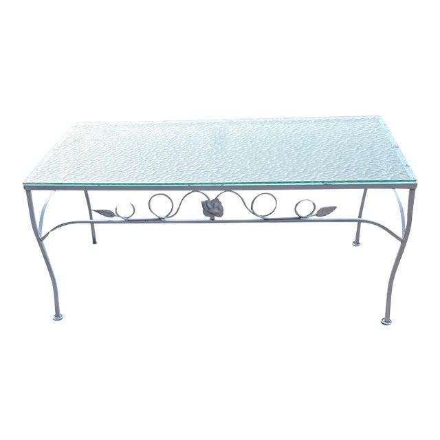 Vintage Woodard Style Chantilly Rose Wrought Iron & Glass Coffee Table Outdoor Furniture For Sale