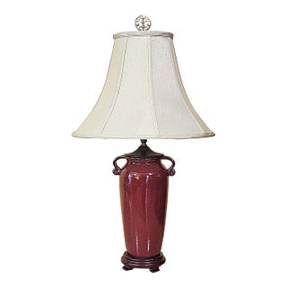 Vintage Burgundy Glazed Ceramic Table Lamp With Bell Shade, Circa Late 20th Century For Sale