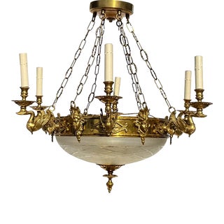Mid-Century French Empire Neo-Classical Style Brass & Glass W/ Six Swan Arms For Sale