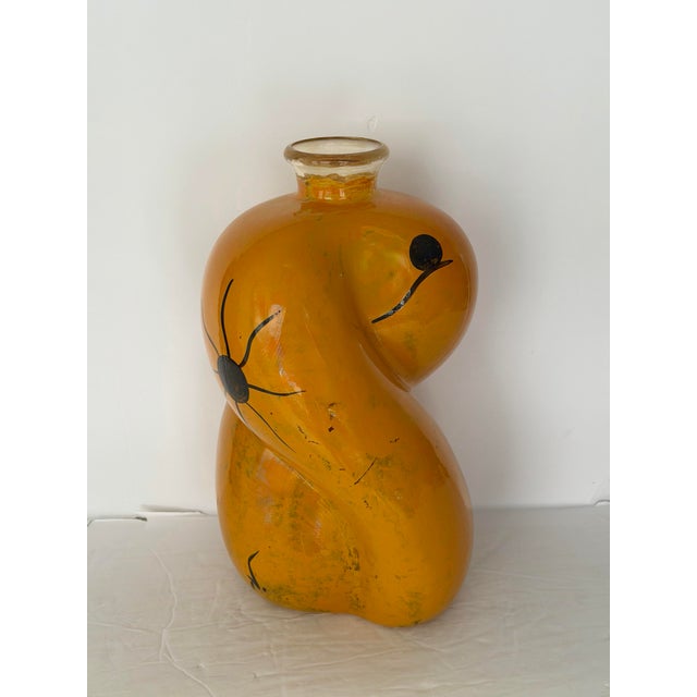 Abstract Late 20th Century Joan Miró Style Sculptural Yellow Hand Painted Art Glass Vase For Sale - Image 3 of 7