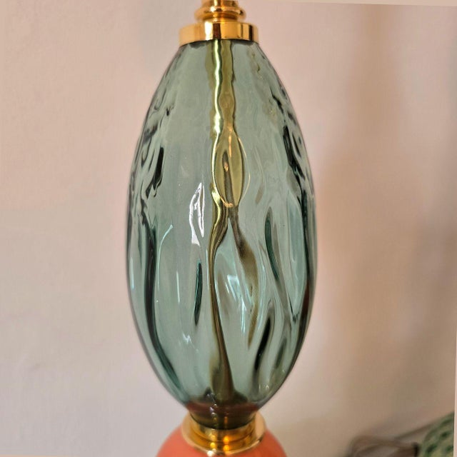 1990s Pair of Green, Mid Century Modern, Murano Glass Table Lamps For Sale - Image 9 of 9