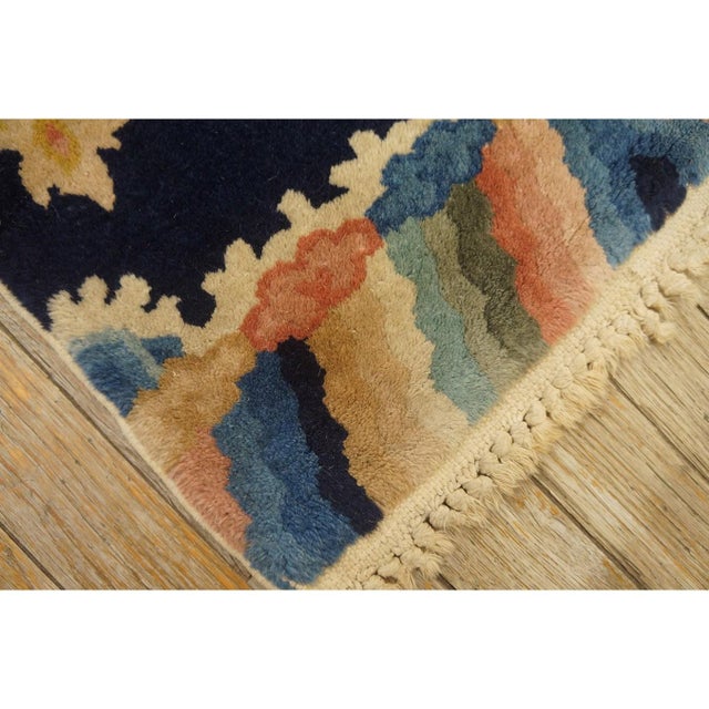 Chinese Small Navy Geometric Antique Chinese Peking Carpet Knotted Wool Rug 1'7'' X 2' For Sale - Image 3 of 9