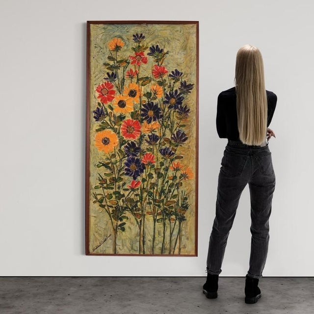 Italian painting from the second half of the 20th century. Oil on plywood panel depicting a still life with flowers in the...