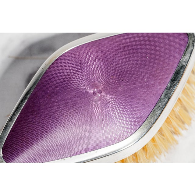 1910s Wonderful Antique English Hallmarked Sterling Silver Vanity Brush Set Presentation Box Purple Celluloid Guilloché Style Edwardian Home Decor For Sale - Image 5 of 18