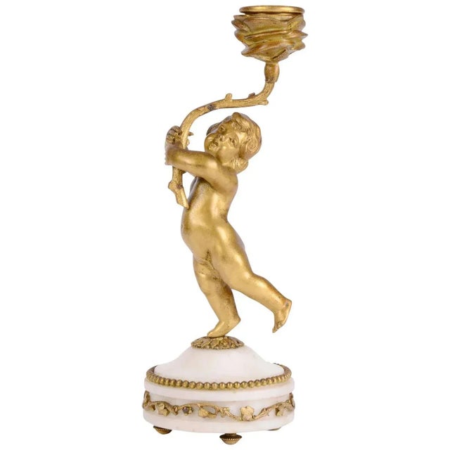 1870s French Gilt Bronze & Marble Putti Candle Holder For Sale - Image 6 of 6