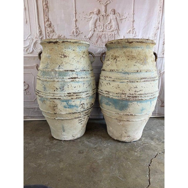 Spanish Pair of Large Distressed Mediterranean Style Terracotta Olive Jars With Handles For Sale - Image 3 of 15