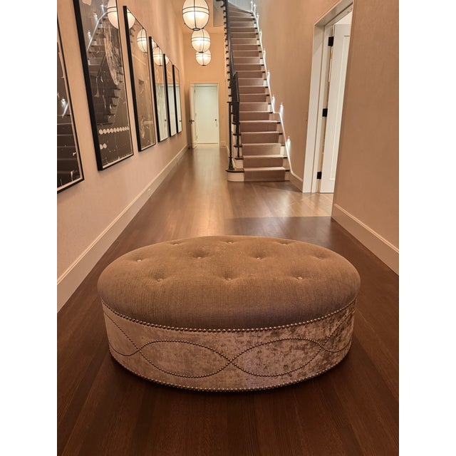 Hollywood Regency Metallic Oval Tuffed Ottoman For Sale - Image 3 of 4