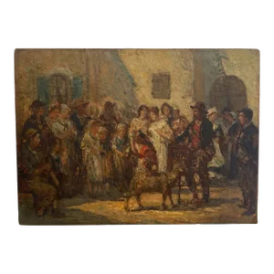 19th Century French Double Sided Impressionist Oil Painting on Board: Figures in a Crowd and Goat