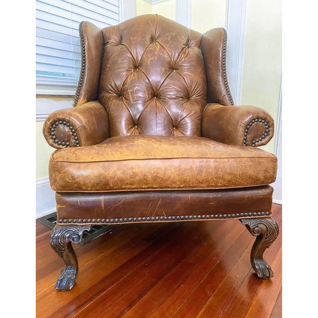 Rare Vintage Zagaroli Chesterfield Wingback Leather Chair With Hairy Claws For Sale - Image 9 of 10
