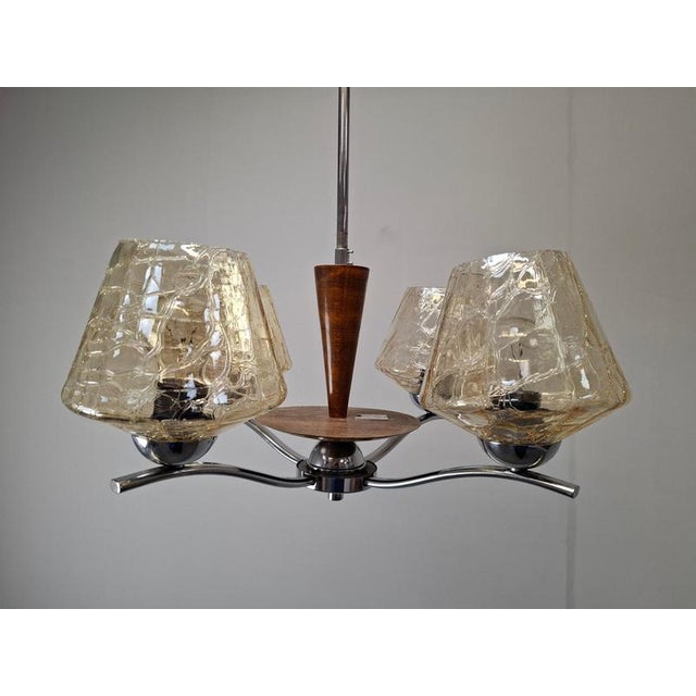 Mid-Century Modern Czech Glass, Wood and Chrome 4-Armed Chandelier from Napako, 1960s For Sale - Image 15 of 18
