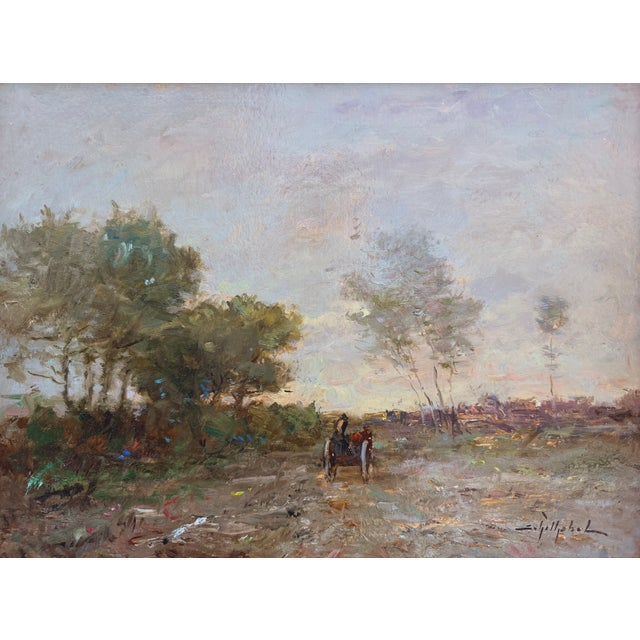 A beautifully atmospheric example of German Nature-Impressionism, "Horse-Drawn Cart and Farmer" captures a quiet rural...