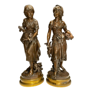 Late 19th Century Pair Of 19th Century Bronze Sculpture Young Girls By Mathurin Moreau