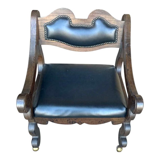 Solid Oak Spanish Colonial Revival Octagonal Game Table and Four Chairs on Brass Casters - Vintage Late 20th Century For Sale In Saint Louis - Image 6 of 6