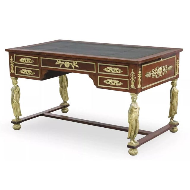 Traditional 1800's Antique French Empire, Bronze Mtd, Leather Slides, Mahogany, Bureau Desk For Sale - Image 3 of 8