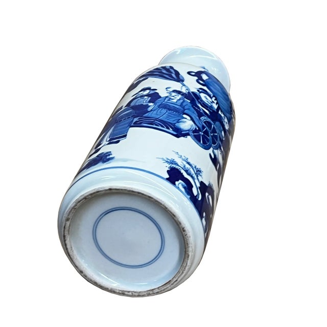 Chinese Chinese Blue White Porcelain Straight Body People Theme Vase For Sale - Image 3 of 6